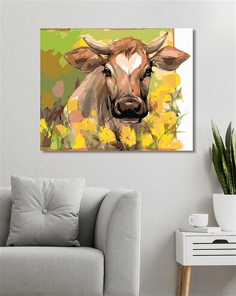 Maľovanie podľa čísel Krava medzi žltým kvetom, 40×50 cm, bez rámu a bez vypnutia plátna ...
