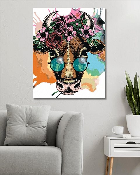 Malování podle čísel Kráva se slunečními brýlemi, 80×100 cm, vypnuté plátno na rám ...