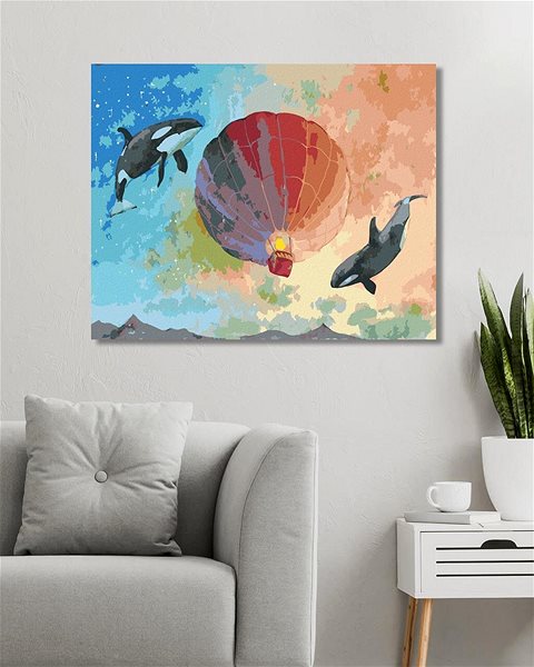 Maľovanie podľa čísel Lietajúce kosatky s teplovzdušným balónom, 40×50 cm, bez rámu a bez vypnutia plátna ...
