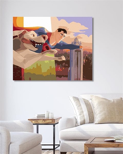 Maľovanie podľa čísel Letiaci superman s Kryptom (DC Liga supermaznáčikov), 40×50 cm, vypnuté plátno na rám ...