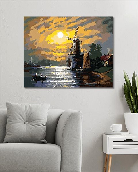 Maľovanie podľa čísel Mesiac, mlyn a loďka, 40×50 cm, bez rámu a bez vypnutia plátna ...