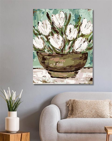 Maľovanie podľa čísel Misa s tulipánmi (Haley Bush), 40×50 cm, bez rámu a bez vypnutia plátna ...