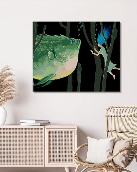 Maľovanie podľa čísel Obria zelená ryba so ženou, 80×100 cm, bez rámu a bez vypnutia plátna ...