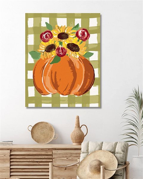 Maľovanie podľa čísel Oranžová tekvica a slnečnica Gingham (Haley Bush), 40×50 cm, vypnuté plátno na rám ...