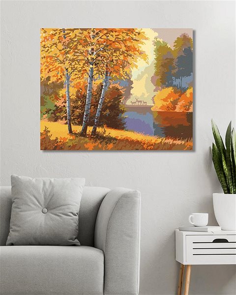 Malování podle čísel Podzimní les s řekou a jeleny, 40×50 cm, vypnuté plátno na rám ...