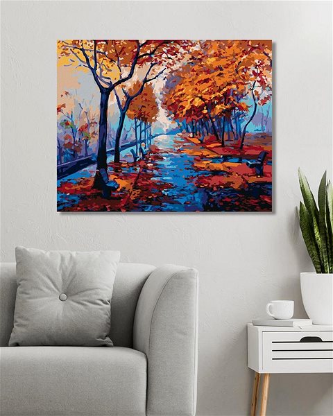 Maľovanie podľa čísel Jesenný lesopark s prázdnymi lavičkami, 80×100 cm, bez rámu a bez vypnutia plátna ...