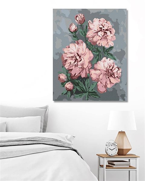 Maľovanie podľa čísel Ružové pivonky na abstraktnom pozadí, 80 × 100 cm, bez rámu a bez napnutia plátna ...