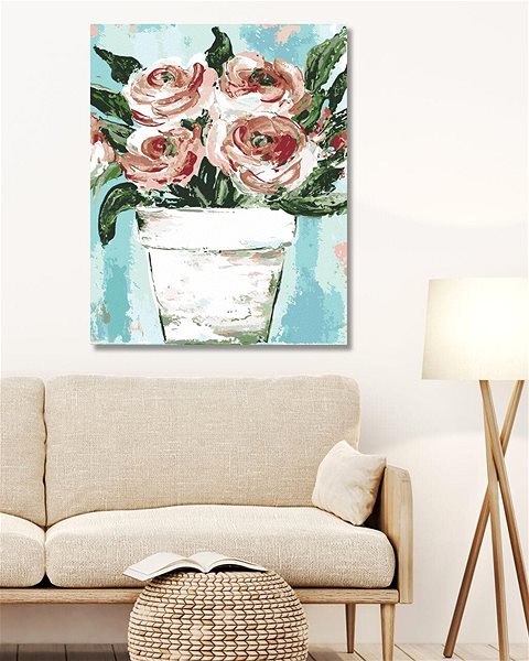 Maľovanie podľa čísel Ružové ruže v kvetináči (Haley Bush), 80 × 100 cm, bez rámu a bez napnutia plátna ...
