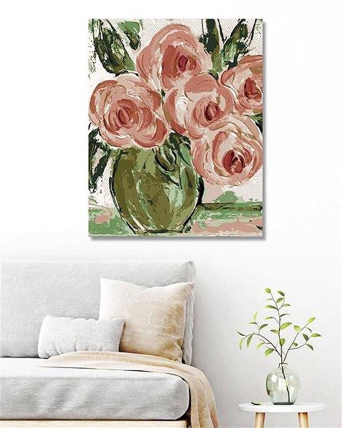 Maľovanie podľa čísel Ružové ruže vo váze (Haley Bush), 40×50 cm, bez rámu a bez vypnutia plátna ...