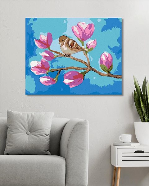 Maľovanie podľa čísel Sediaci vrabec na vetve s kvetmi magnólie, 40×50 cm, bez rámu a bez vypnutia plátna ...
