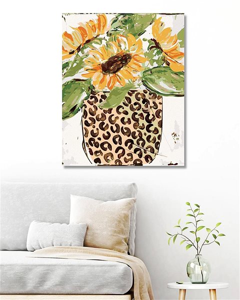 Maľovanie podľa čísel Slnečnice v leopardej váze (Haley Bush), 80 × 100 cm, bez rámu a bez napnutia plátna ...