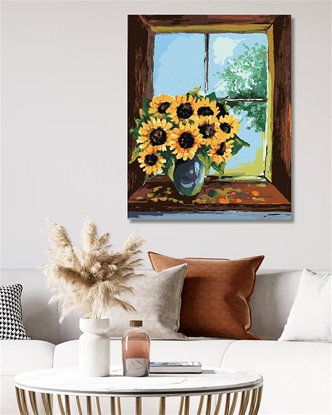 Maľovanie podľa čísel Slnečnice vo váze pri okne, 40 × 50 cm, plátno napnuté na rám ...