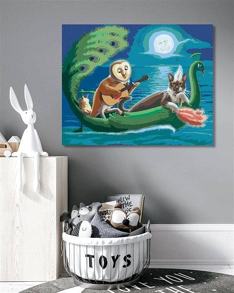 Maľovanie podľa čísel Sova a mačka na lodi v tvare páva (Sue Ellen Brown), 80 × 100 cm, bez rámu a bez napnutia plátna ...