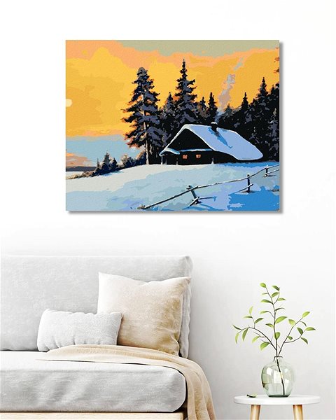 Maľovanie podľa čísel Zrub v zimnom lese a západ slnka, 40 × 50 cm, plátno napnuté na rám ...