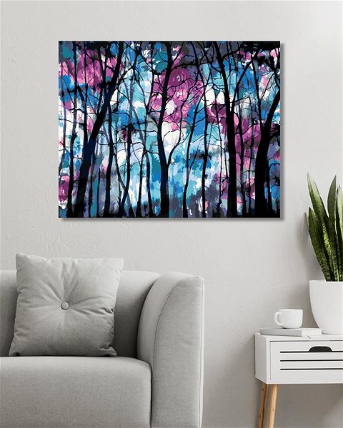 Maľovanie podľa čísel Temný les s modrofialovou oblohou, 80 × 100 cm, plátno napnuté na rám ...