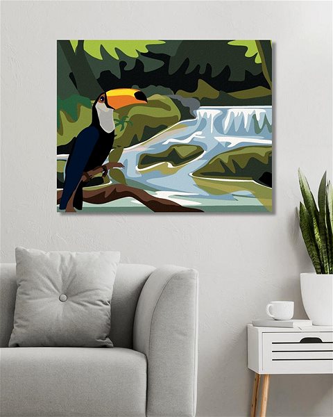 Maľovanie podľa čísel Tukan s vodopádom, 40×50 cm, vypnuté plátno na rám ...