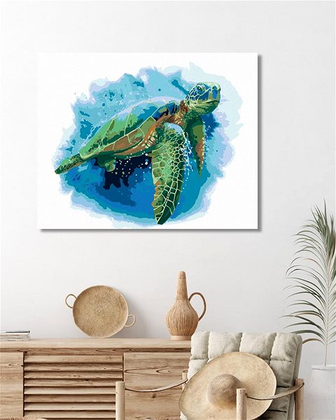 Maľovanie podľa čísel Veľká morská korytnačka na modrom pozadí, 80 × 100 cm, plátno napnuté na rám ...