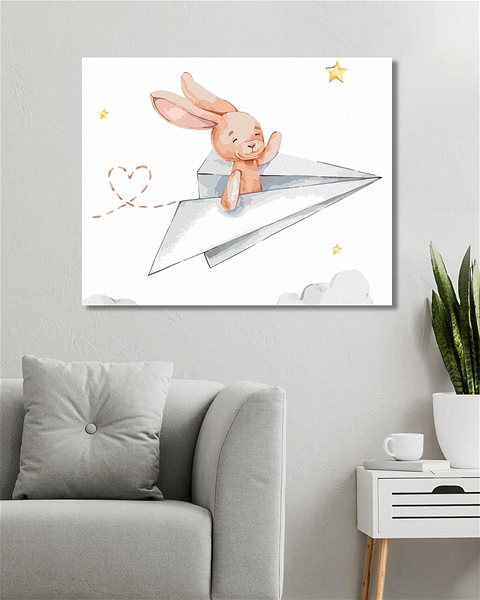 Maľovanie podľa čísel Zajac v papierovom lietadle, 80 × 100 cm, bez rámu a bez napnutia plátna ...