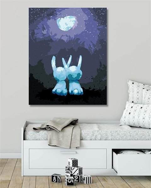 Maľovanie podľa čísel Zamilované králiky pozerajúce sa na žiariaci mesiac, 40×50 cm, bez rámu a bez vypnutia plátna ...