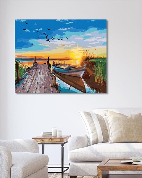Maľovanie podľa čísel Západ slnka nad jazerom s loďkou, 40×50 cm, bez rámu a bez vypnutia plátna ...