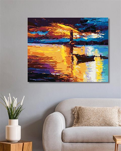 Maľovanie podľa čísel Západ slnka nad majákom, 40×50 cm, vypnuté plátno na rám ...