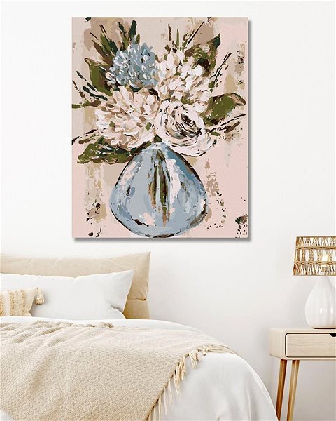 Maľovanie podľa čísel Zátišie modré a biele kvetiny vo váze (Haley Bush), 80 × 100 cm, bez rámu a bez napnutia plátna ...