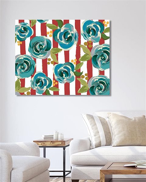 Maľovanie podľa čísel Zátišie modré kvetiny na bielo-červenom pozadí (Haley Bush), 80 × 100 cm, bez rámu a bez napnutia plátna ...