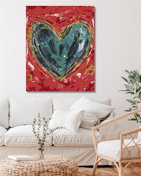 Maľovanie podľa čísel Zelené srdce na červenom pozadí II (Haley Bush), 40×50 cm, bez rámu a bez vypnutia plátna ...