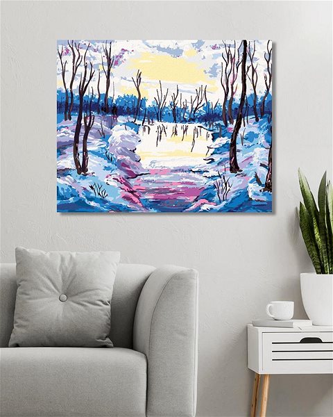 Maľovanie podľa čísel Zimný les s výhľadom na rieku, 80 × 100 cm, plátno napnuté na rám ...