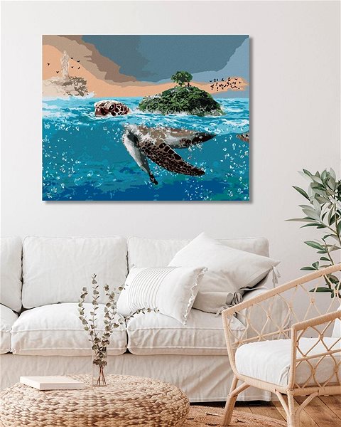 Maľovanie podľa čísel Korytnačka ako ostrov v mori, 80 × 100 cm, bez rámu a bez napnutia plátna ...