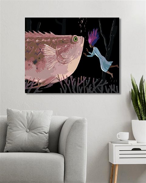 Maľovanie podľa čísel Žena s obrovskou ružovou rybou, 40×50 cm, vypnuté plátno na rám ...