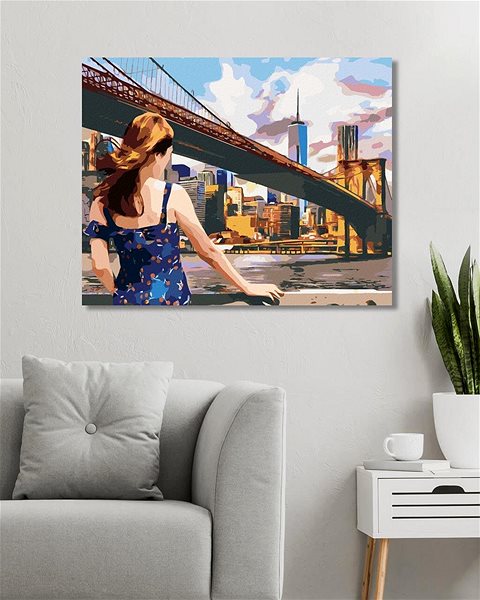 Maľovanie podľa čísel Žena pri Brooklyn Bridge v New Yorku, 40×50 cm, bez rámu a bez vypnutia plátna ...