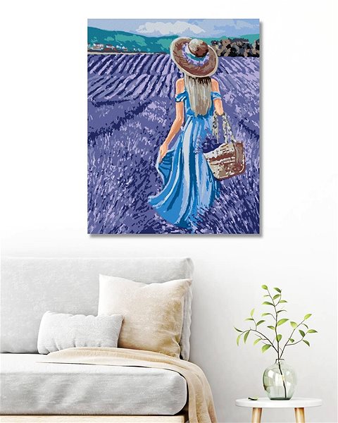 Maľovanie podľa čísel Žena v modrých šatách v levanduľovom poli, 40×50 cm, bez rámu a bez vypnutia plátna ...