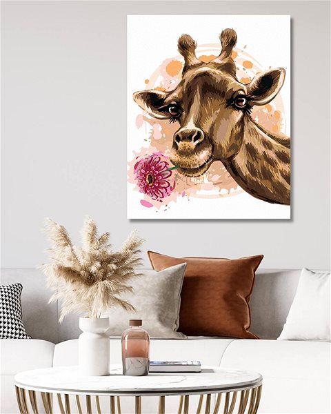 Maľovanie podľa čísel Žirafa s gerberou, 80 × 100 cm, bez rámu a bez napnutia plátna ...