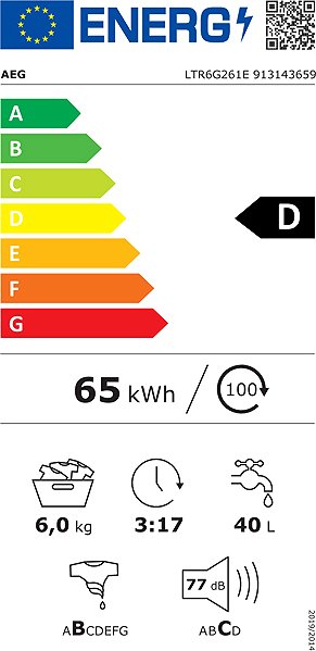 Mosógép AEG LTR6G261E Energia címke