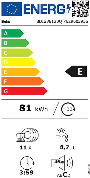 Beépíthető mosogatógép BEKO BDIS38120Q Energia címke