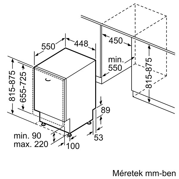 Vestavná myčka BOSCH SPV4HMX10E Technický nákres