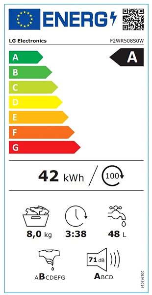 Keskeny mosógép LG F2WR508S0W Energia címke