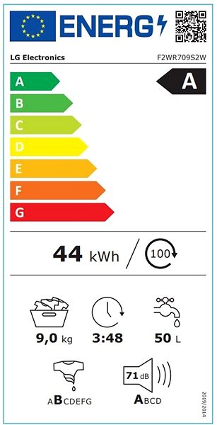 Keskeny mosógép LG F2WR709S2W Energia címke