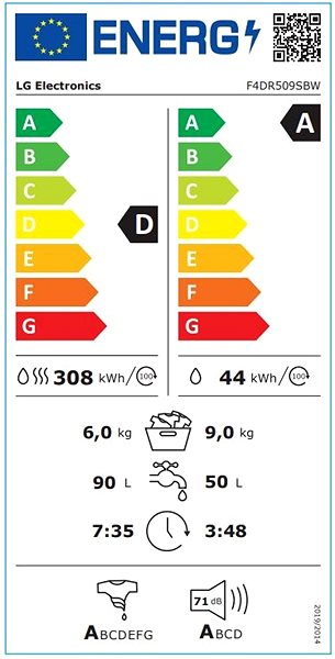 Mosó-szárítógép LG F4DR509SBW Energia címke