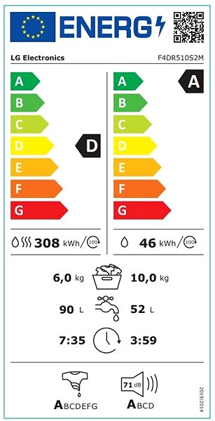 Mosó-szárítógép LG F4DR510S2M Energia címke