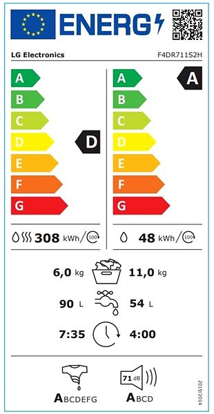 Mosó-szárítógép LG F4DR711S2H Energia címke