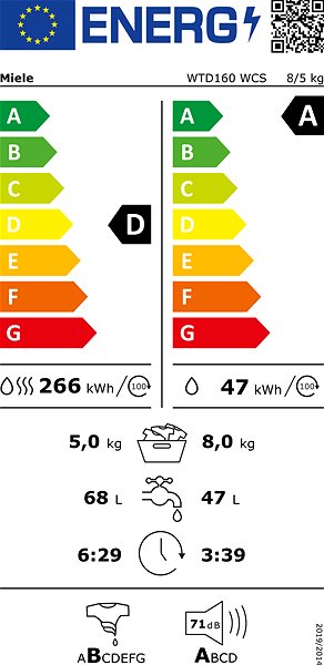 MIELE WTD160WCS EU1 LW 8/5 kg washer dryer Energy label