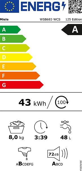 Mosógép MIELE WSB683WCS D LW TDos & Steam 8 kg - 125 Gala Edition Energia címke