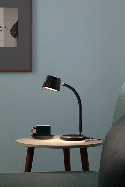 Tischlampe IMMAX PERLA LED, kabelloses Qi-Laden, schwarz + grau und metallische Details ...