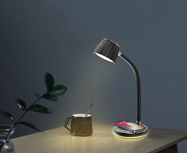 Tischlampe IMMAX PERLA LED, kabelloses Qi-Laden, schwarz + grau und metallische Details ...