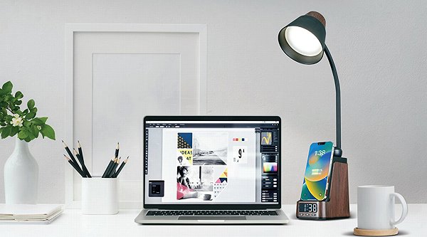 Asztali lámpa Immax IDEAL LED lámpa Qi töltéssel, CCT, sötét fa/fekete ...