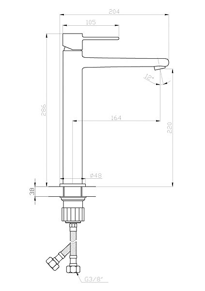 Tap INVENA GLAMOUR basin mixer, copper (BU-02-W14-V) Technical draft