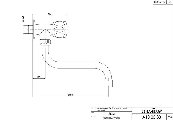 Tap JB Sanitary Slim Wall-mounted cold water valve - T-handle 200 mm, A100330 ...