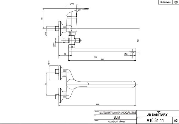 Tap JB Sanitary Slim Bathroom wall-mounted mixer, flat arm 300 mm, A103111 ...